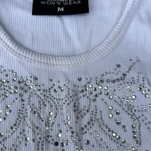ACESS, white with beading, scoop neck ribbed tank top women's size M